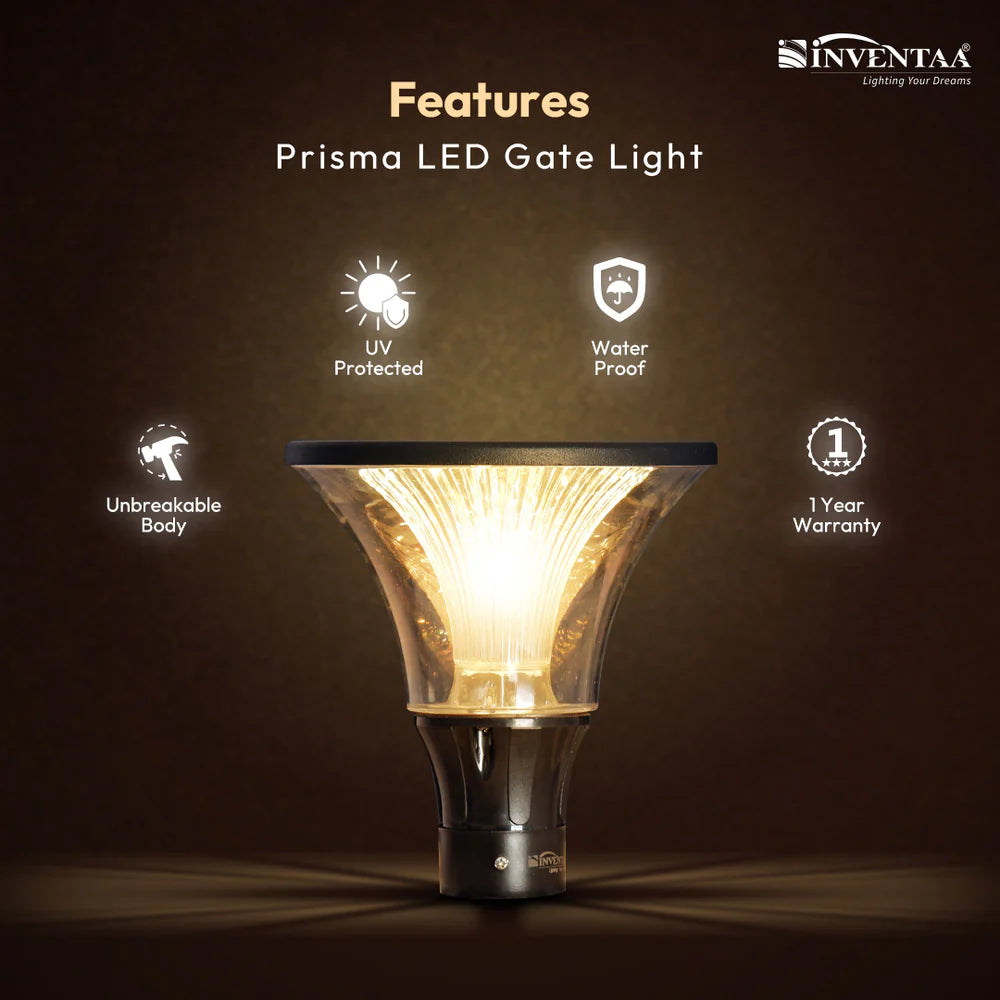 Inventaa Prisma 12W Outdoor Gate Pillar Light | 3-in-1 LED (Cool, Warm & Neutral White) | Weatherproof Post Top Mount