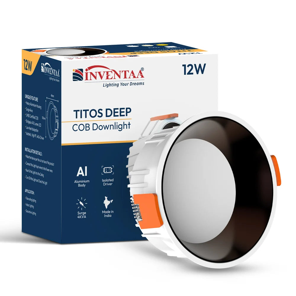 INVENTAA Titos Deep COB LED Downlight – Aluminium, IP20, 12W/18W