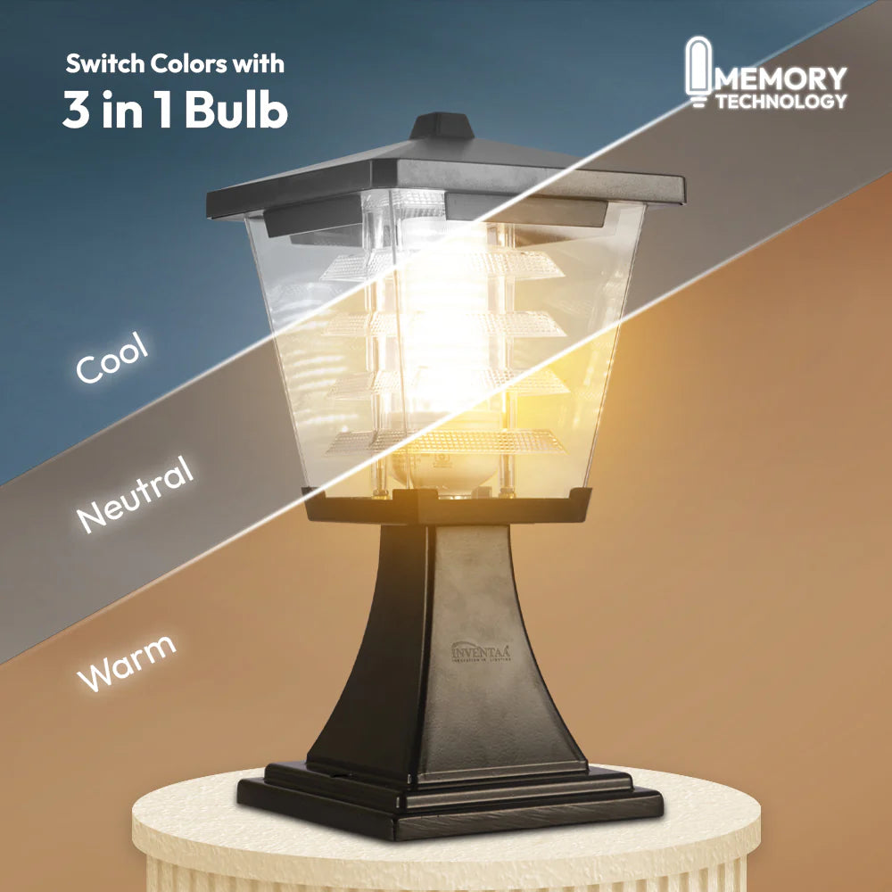 Inventaa Mini Glasis 12W Fancy Outdoor Gate Light | 3-in-1 LED (Cool, Warm & Neutral White) | Weatherproof Post Top Mount