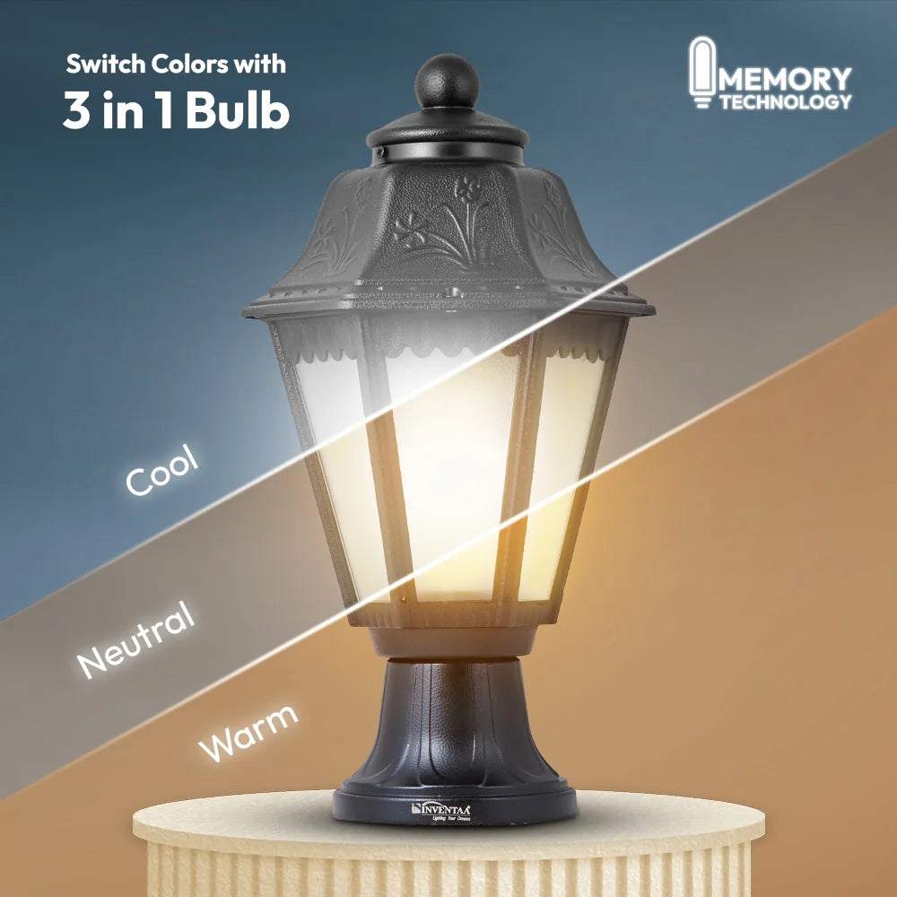 Inventaa Tacita Modern 12W Outdoor Gate Light | 3-in-1 LED (Cool, Warm & Neutral White) | Weatherproof Post Top Mount