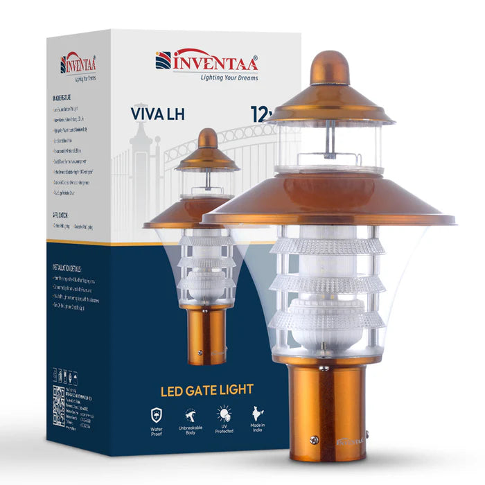 Inventaa Viva 12W LED Gate Pillar Light — 5 Finish Options, Antique-Inspired Outdoor Entrance Light with 1-Year Warranty