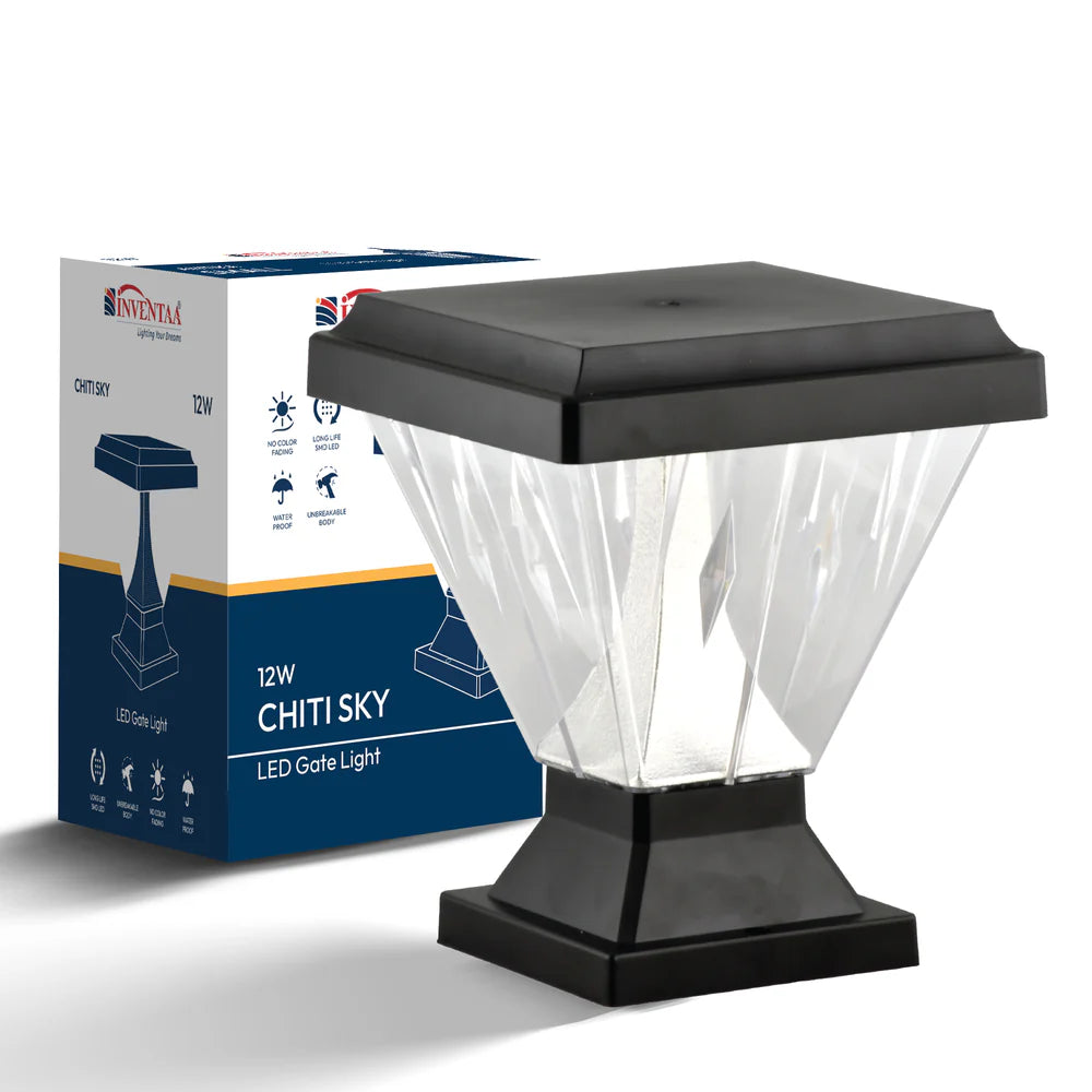 Inventaa Chiti Sky 12W Outdoor Gate Pillar Light | 3-in-1 LED (Cool, Warm & Neutral White) | Weatherproof Post Top Mount