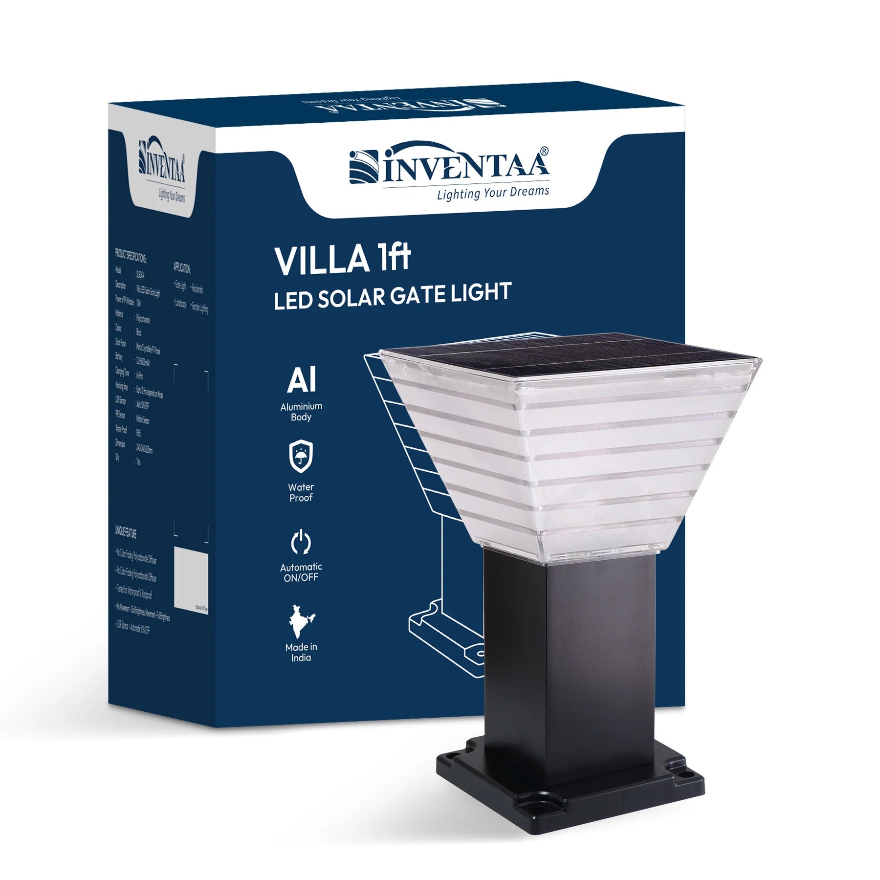 INVENTAA Villa Solar Bollard Light – LED Solar Outdoor Garden & Pathway Light | 1ft 1.5ft 2ft