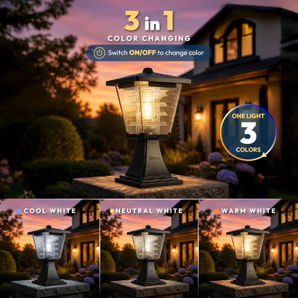 Inventaa Mini Glasis 12W Fancy Outdoor Gate Light | 3-in-1 LED (Cool, Warm & Neutral White) | Weatherproof Post Top Mount