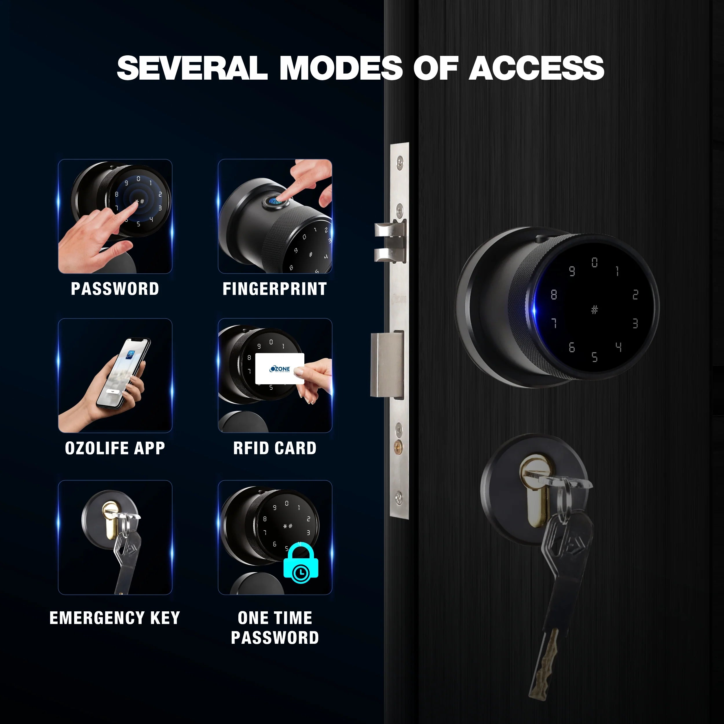 Ozone Oracle Smart Lock with black Plate with 5-way access | Door Thickness: 35-65 mm-Internet Security-dealsplant