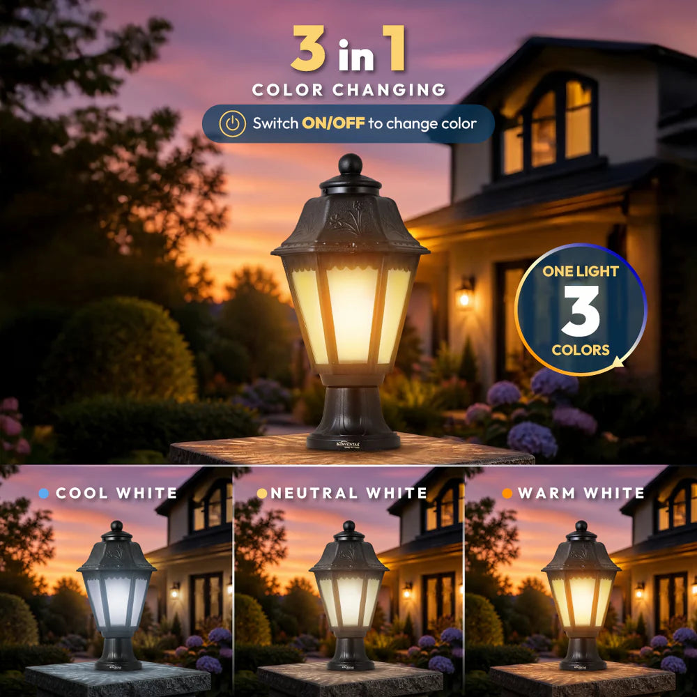 Inventaa Tacita Modern 12W Outdoor Gate Light | 3-in-1 LED (Cool, Warm & Neutral White) | Weatherproof Post Top Mount