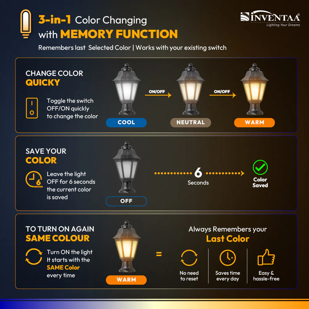 Inventaa Tacita Modern 12W Outdoor Gate Light | 3-in-1 LED (Cool, Warm & Neutral White) | Weatherproof Post Top Mount
