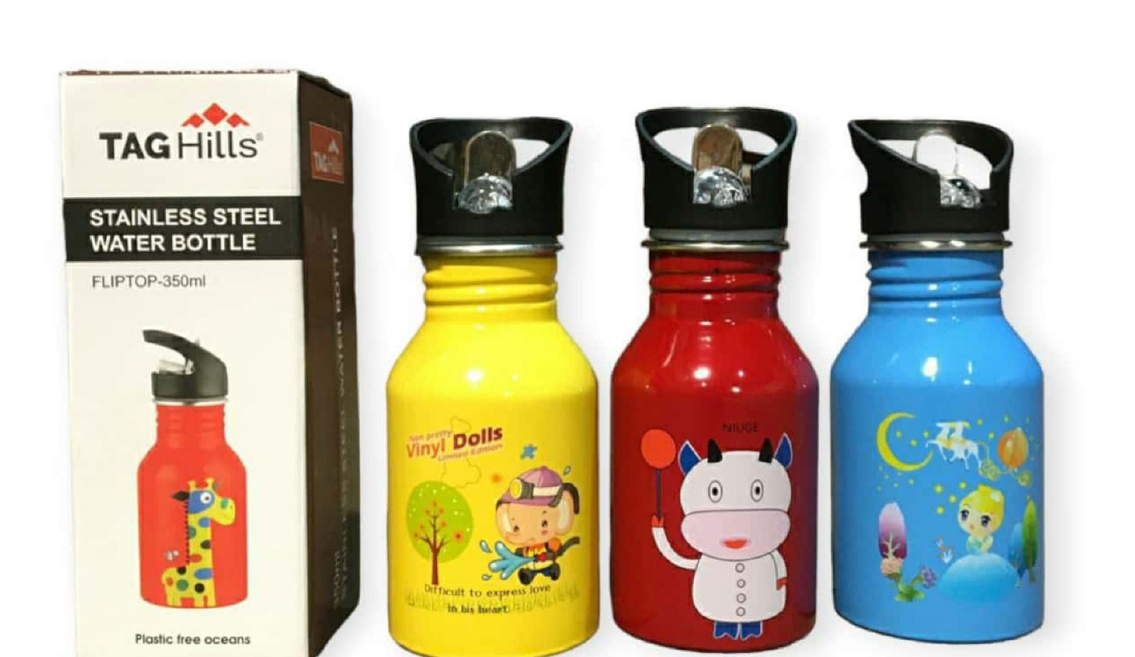 TAG Hills Flip top Water Bottle Set of 3, Multicolour cartoon print Each 350 ml (KIDS Special)-Home & Kitchen Appliances-dealsplant