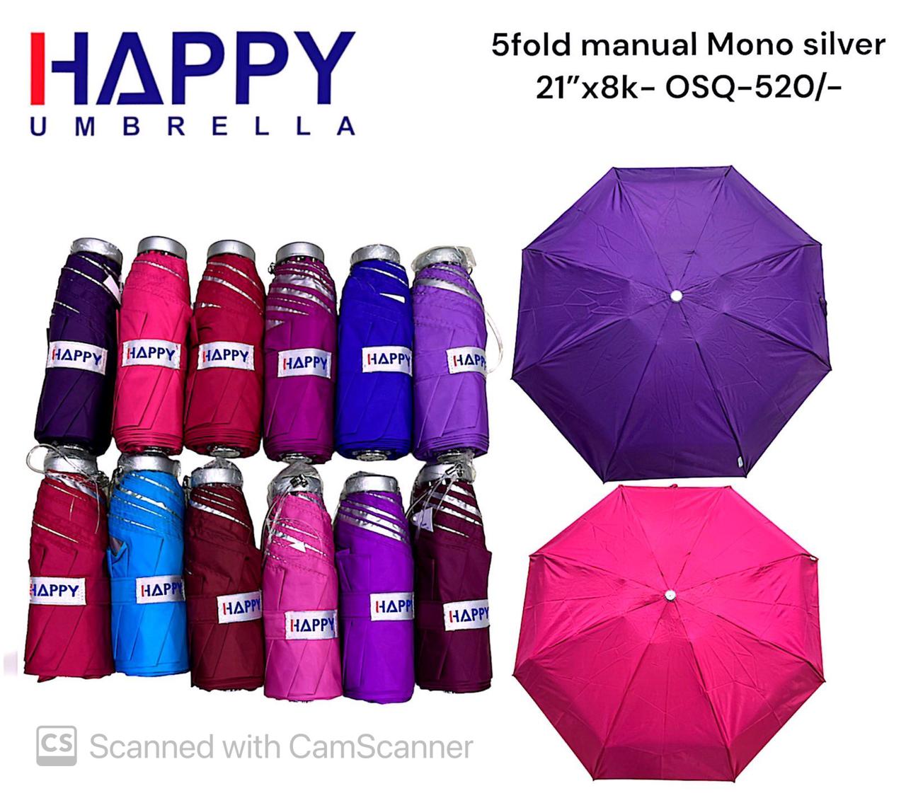 Happy Umbrella Mono Silver 5 Fold Manual Open Men/Women UV Protection Monsoon/Rainy & Sun Umbrella-MultiColor-dealsplant