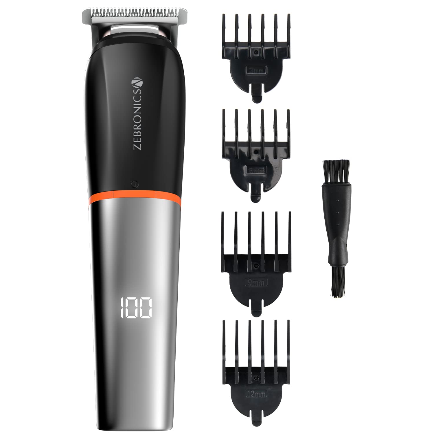 Zebronics ZEB-HT105 Corded/Cordless Use Trimmer with up to 90 Mins USB Fast Charge, IPX6, LED Display, 2 Speed Modes, Rounded Tip Stainless Steel Blade, 4 Guide Combs & ABS (Black+Metallic Grey)-Trimmer-dealsplant