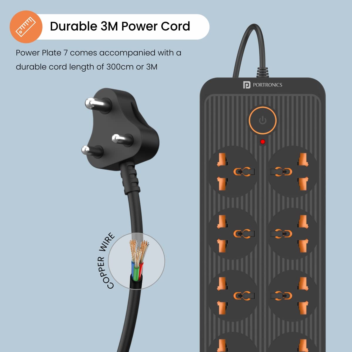 Portronics Power Plate 7 with 6 USB Port + 8 Power Sockets Power Strip Extension Board with 2500W, 3Mtr Cord Length, 2.1A USB Output(Black)-Sockets-dealsplant