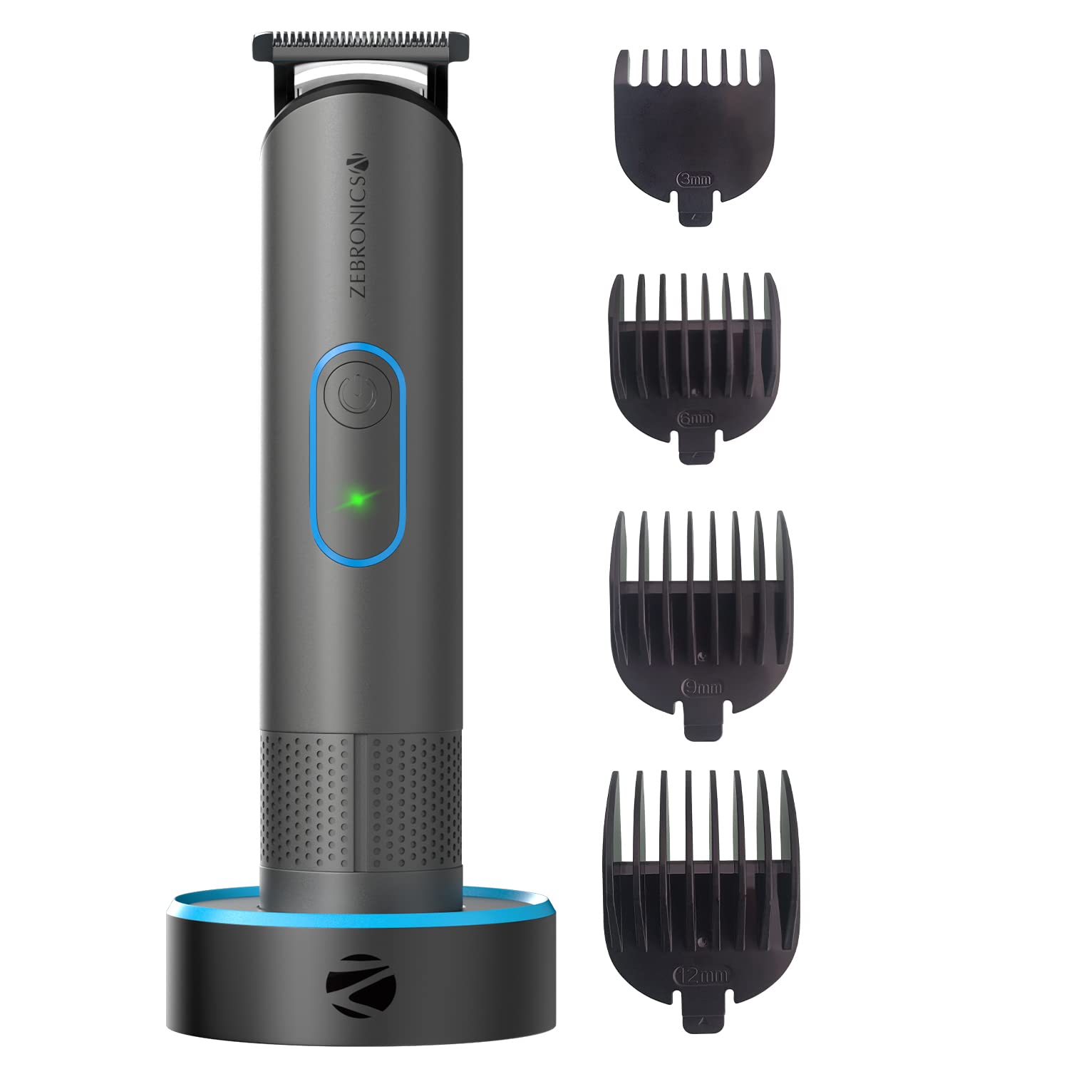 Zebronics ZEB-HT103 Corded/Cordless Use Trimmer with up to 90 Min USB Fast Charge, IPX6, Docking Charger, LED Indicator, Rounded Tip Stainless Steel Blade, 4 Guide Combs & Washable Add-ons (Blue+Grey)-Hair Trimmer-dealsplant