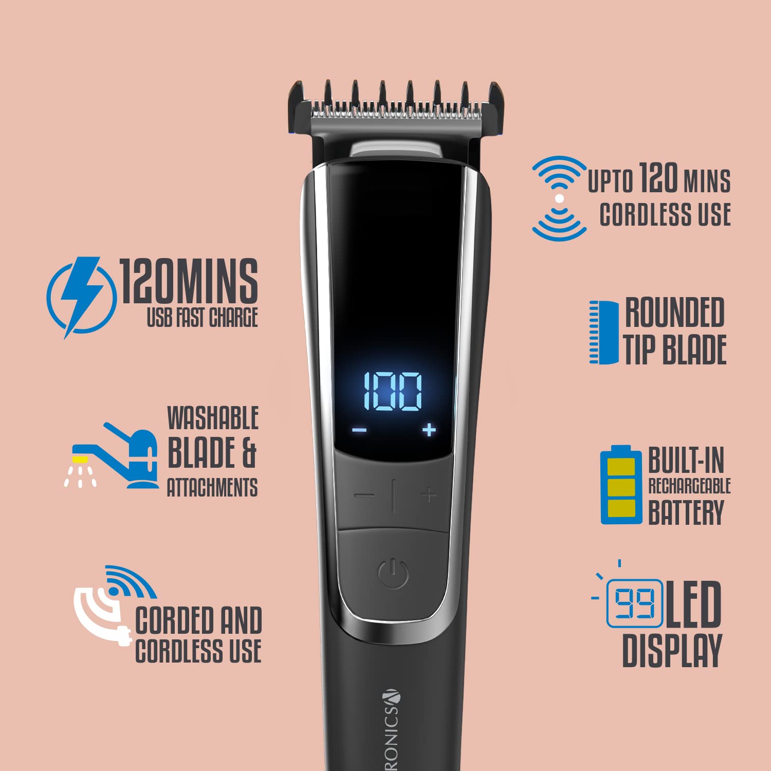 Zebronics ZEB-HT102 Cordless/Cord use Trimmer with up to 120mins backup, USB fast charge, LED display, 3 speed modes, Rounded tip stainless steel blade, 4 guide combs, Washable attachments and ABS(Black)-Trimmer-dealsplant