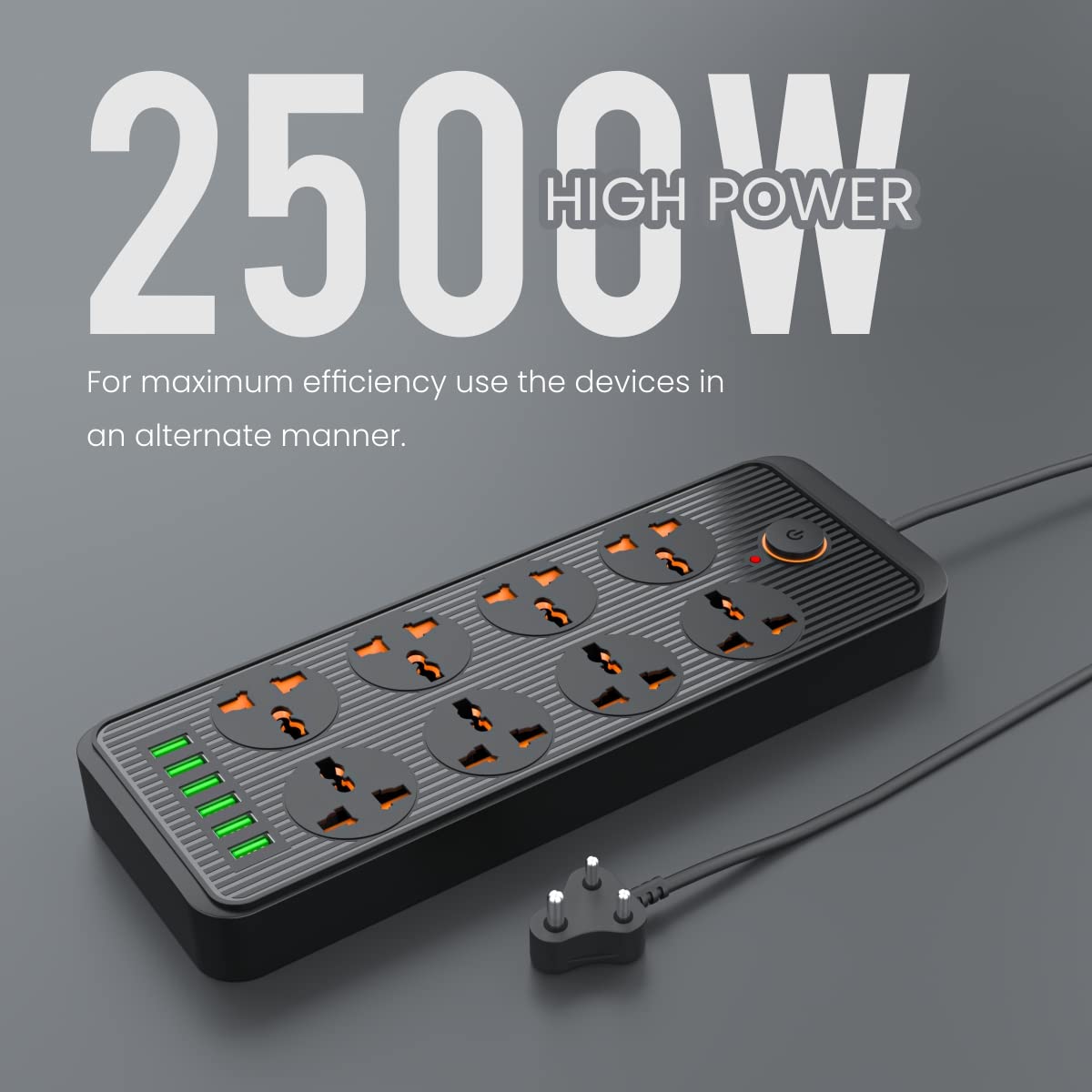 Portronics Power Plate 7 with 6 USB Port + 8 Power Sockets Power Strip Extension Board with 2500W, 3Mtr Cord Length, 2.1A USB Output(Black)-Sockets-dealsplant