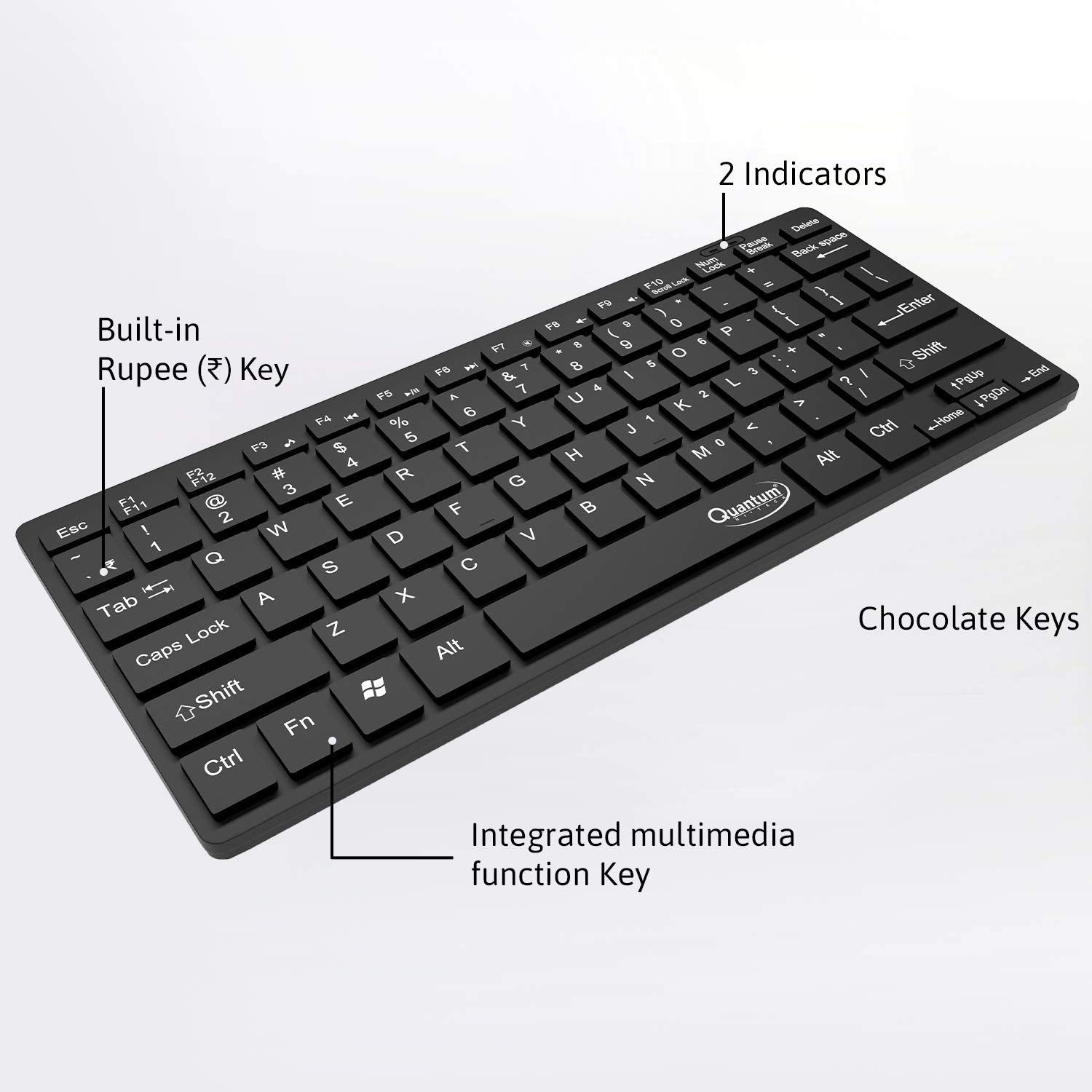 Quantum QHM7307 Mini Spill-Resistant USB Wired Slim Keyboard with Chocolate Keys Having 10 Million keystrokes for Laptop/Desktop (Black)-Keyboards-dealsplant