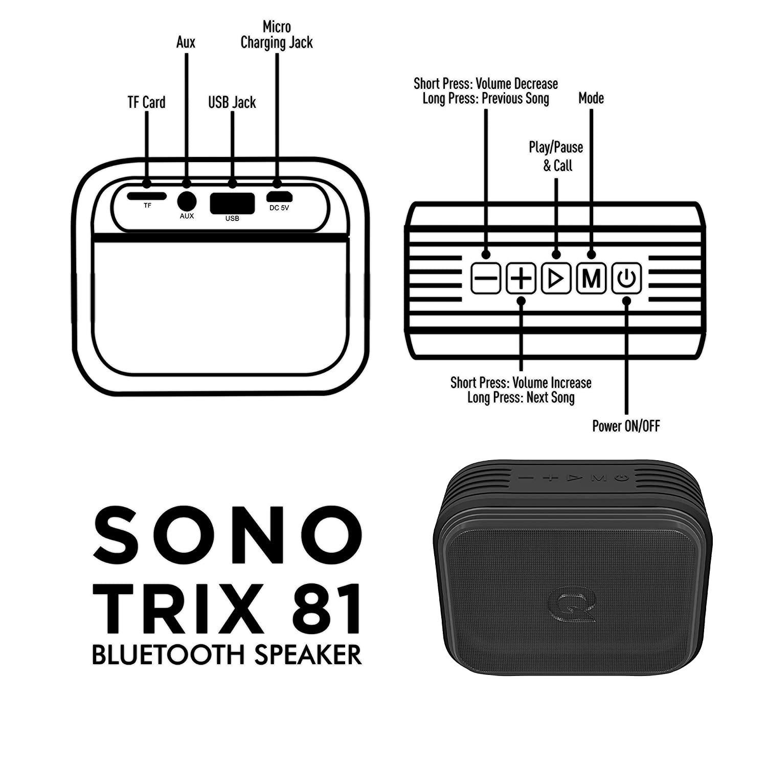 Quantum SonoTrix 81 Bluetooth Speaker, IPX7 Waterproof, TWS function, 8W, Powerful Bass, BT 5.0, Upto 18hrs Playtime*, TF/SD Card Slot, AUX Input, USB Support and in-Built Noise Cancelling Mic (Black)-Speakers-dealsplant