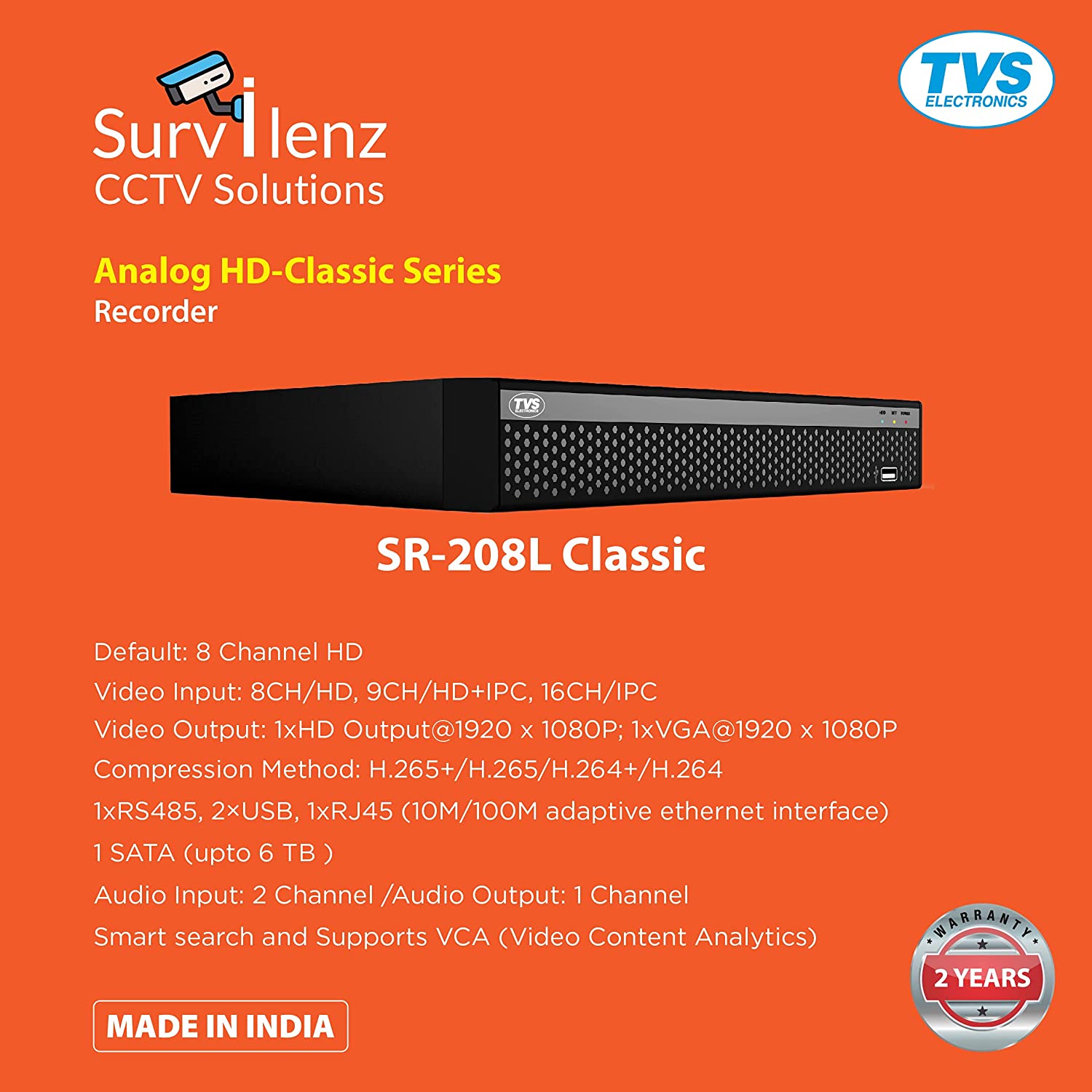 TVS Electronics SR-208L Classic 8 Channel HD DVR-CCTV-dealsplant