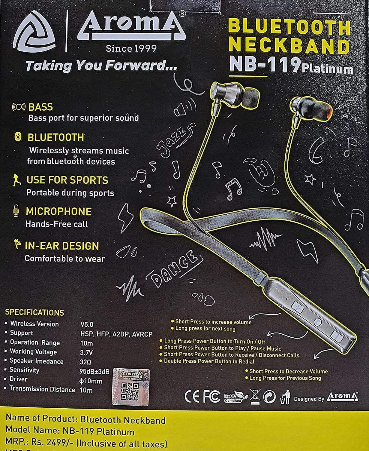 Aroma NB-119 Platinum Yellow Series Bluetooth Neckband Headphones-BLUETOOTH HEADPHONES-dealsplant