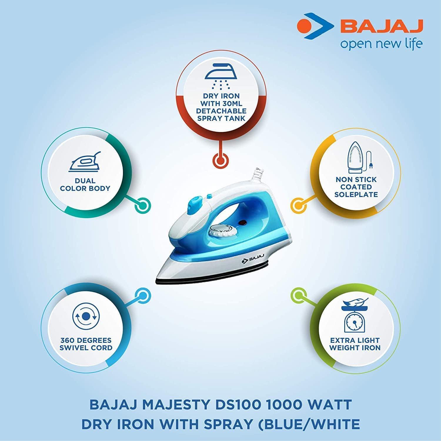 Bajaj Majesty DS100 1000 Watt Dry Iron with Spray (Blue/White)-Home & Kitchen Appliances-dealsplant