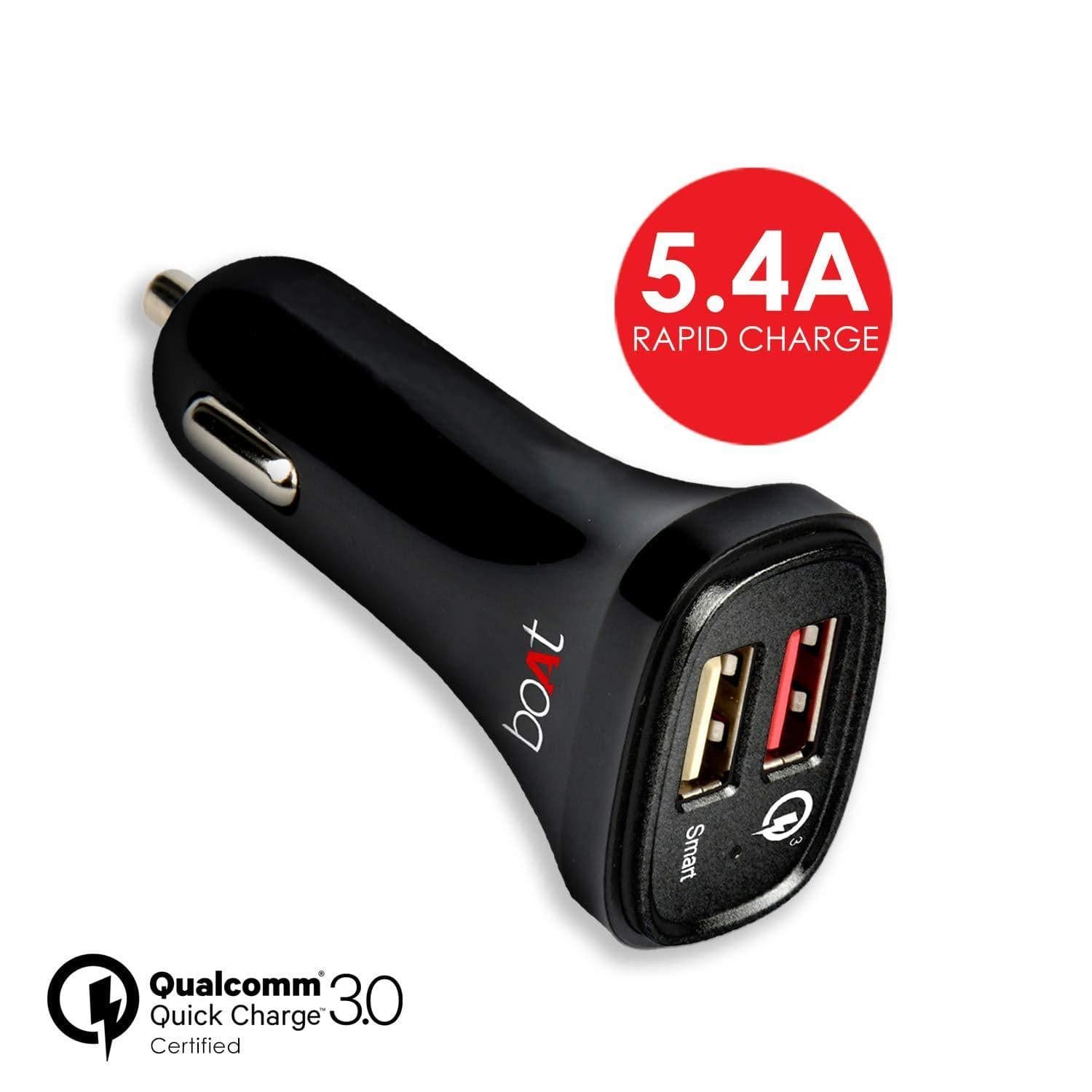 boAt Dual Port Rapid Car Charger (Qualcomm Certified) Smart Charging with Quick Charge 3.0 (Black) (Without Cable)-Car charger-dealsplant