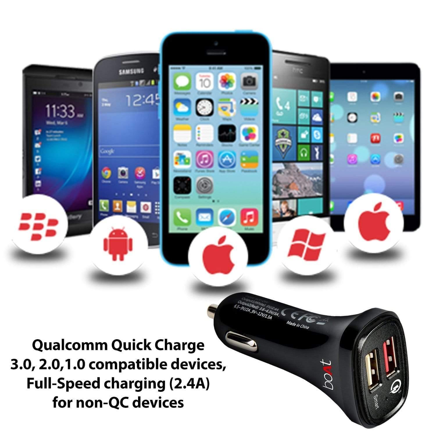 boAt Dual Port Rapid Car Charger Smart Charging with Quick Charge 3.0 Type C USB Cable Black-Car charger-dealsplant
