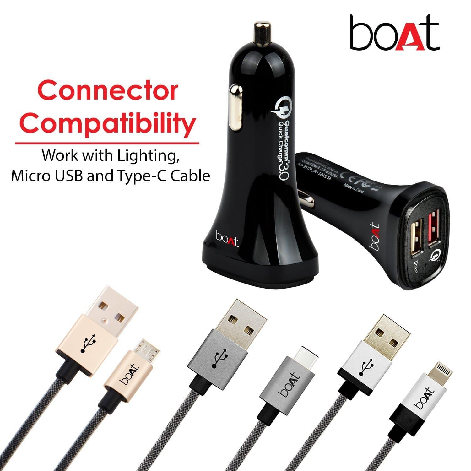 boAt Dual Port Rapid Car Charger Smart Charging with Quick Charge 3.0 Type C USB Cable Black-Car charger-dealsplant