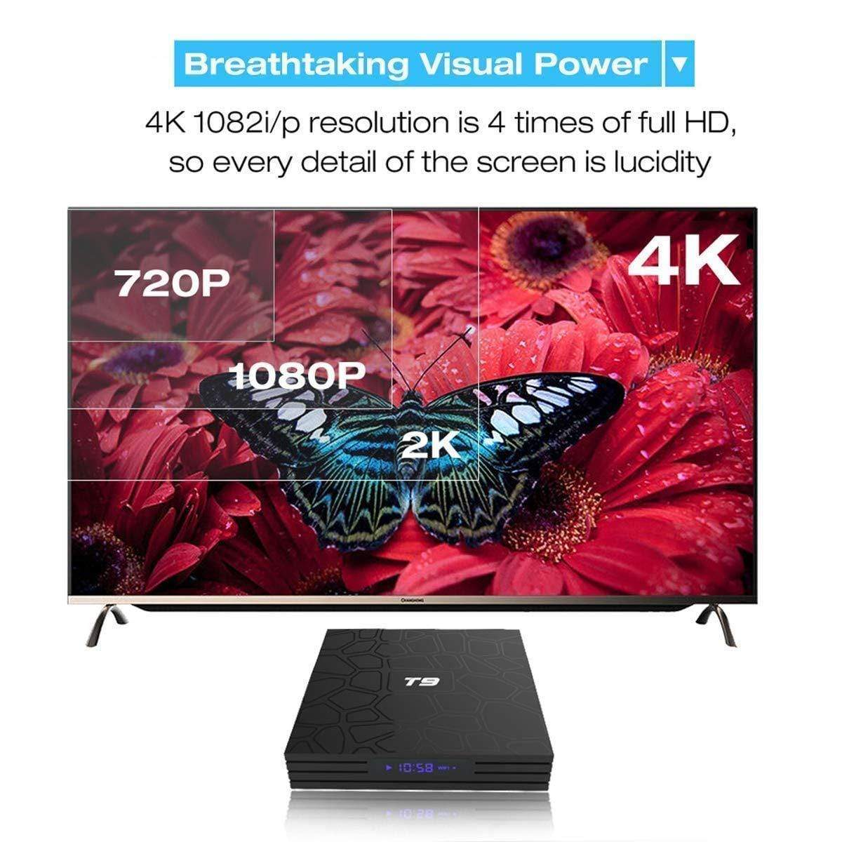 T9 Smart 4K Android TV Box 4GB RAM / 32GB ROM WiFi Bluetooth 4.1 AV USB 3.0 for TV Projector With inbuilt Miracast Phone Mirroring-Audio & Home Entertainment-dealsplant