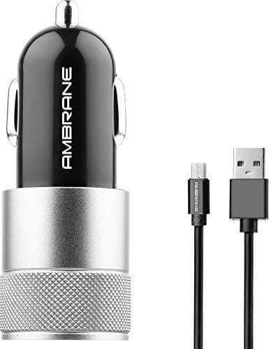 Ambrane ACC-74-M 2.4A Dual Port Car Charger for All Smartphones with Micro USB Cable (Black and Silver)-Car Accessories-dealsplant