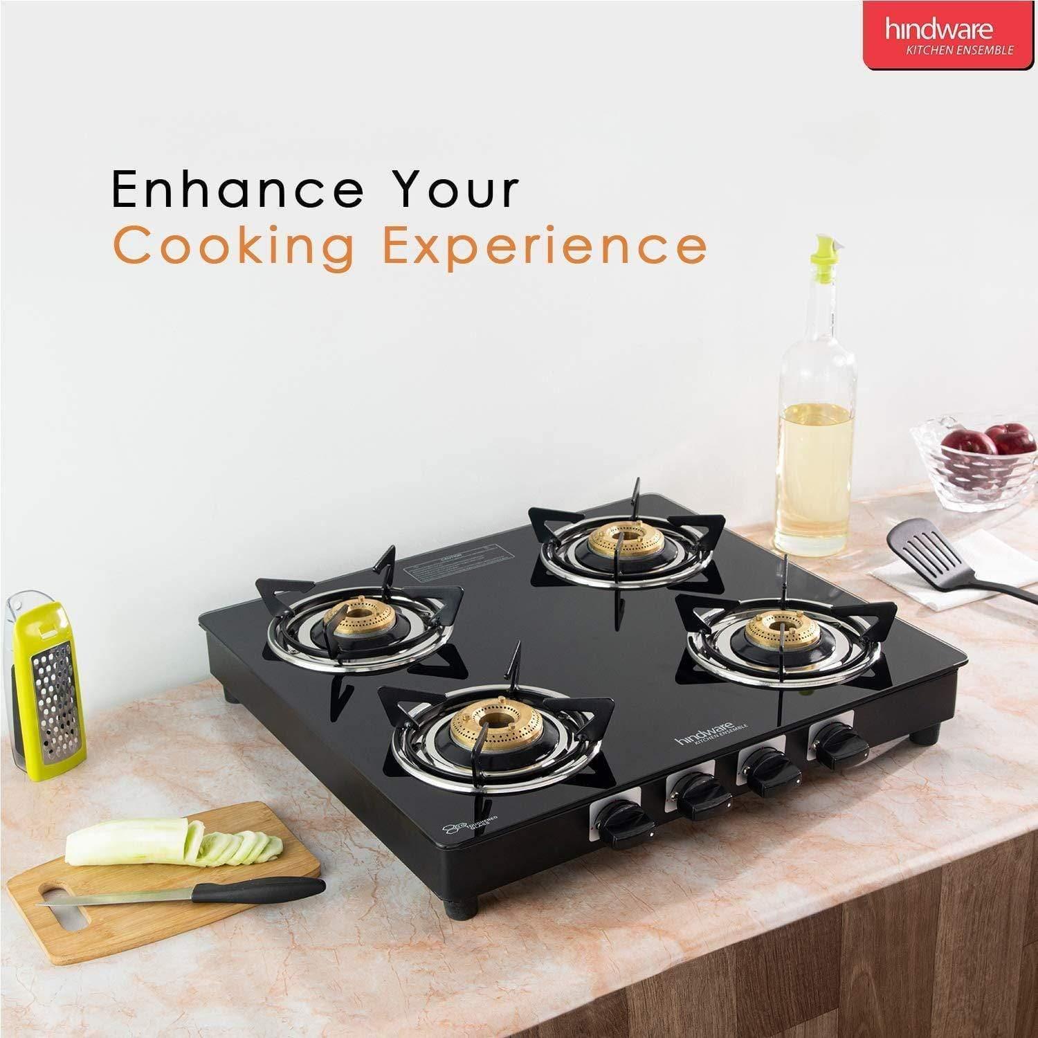 Hindware Brio 4B Brass Burner Gas Stove (Black)-Home & Kitchen Appliances-dealsplant