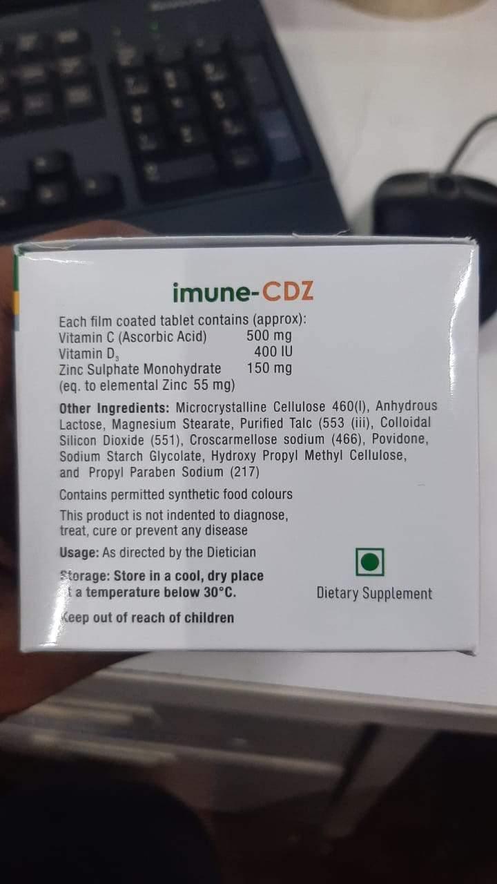Imune-CDZ Tablets (Vitamin C 500 mg+Vitamin D3 400 IU+Zinc sulphate 150 M) (100 Tablets)-Health & Personal Care-dealsplant
