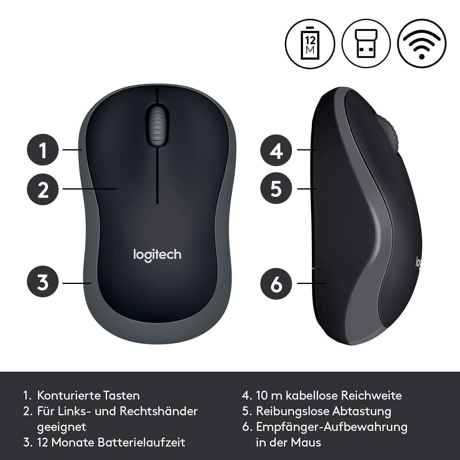 Logitech M185 Wireless Mouse USB for PC Windows, Mac and Linux, Grey w Logitech M185 Wireless Mouse USB for PC Windows, Mac and Linux, Grey w