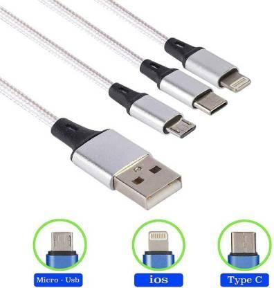 Nylon braided 3in1 Micro USB Cable/Type C/iOS Fast Charging Data Cable 3 A 1.2 m Naylon Power Sharing Cable (Compatible with All Smartphone,Android,iPhone,iPad,Type c Device, White, One Cable)-Cables-dealsplant