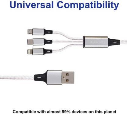 Nylon braided 3in1 Micro USB Cable/Type C/iOS Fast Charging Data Cable 3 A 1.2 m Naylon Power Sharing Cable (Compatible with All Smartphone,Android,iPhone,iPad,Type c Device, White, One Cable)-Cables-dealsplant