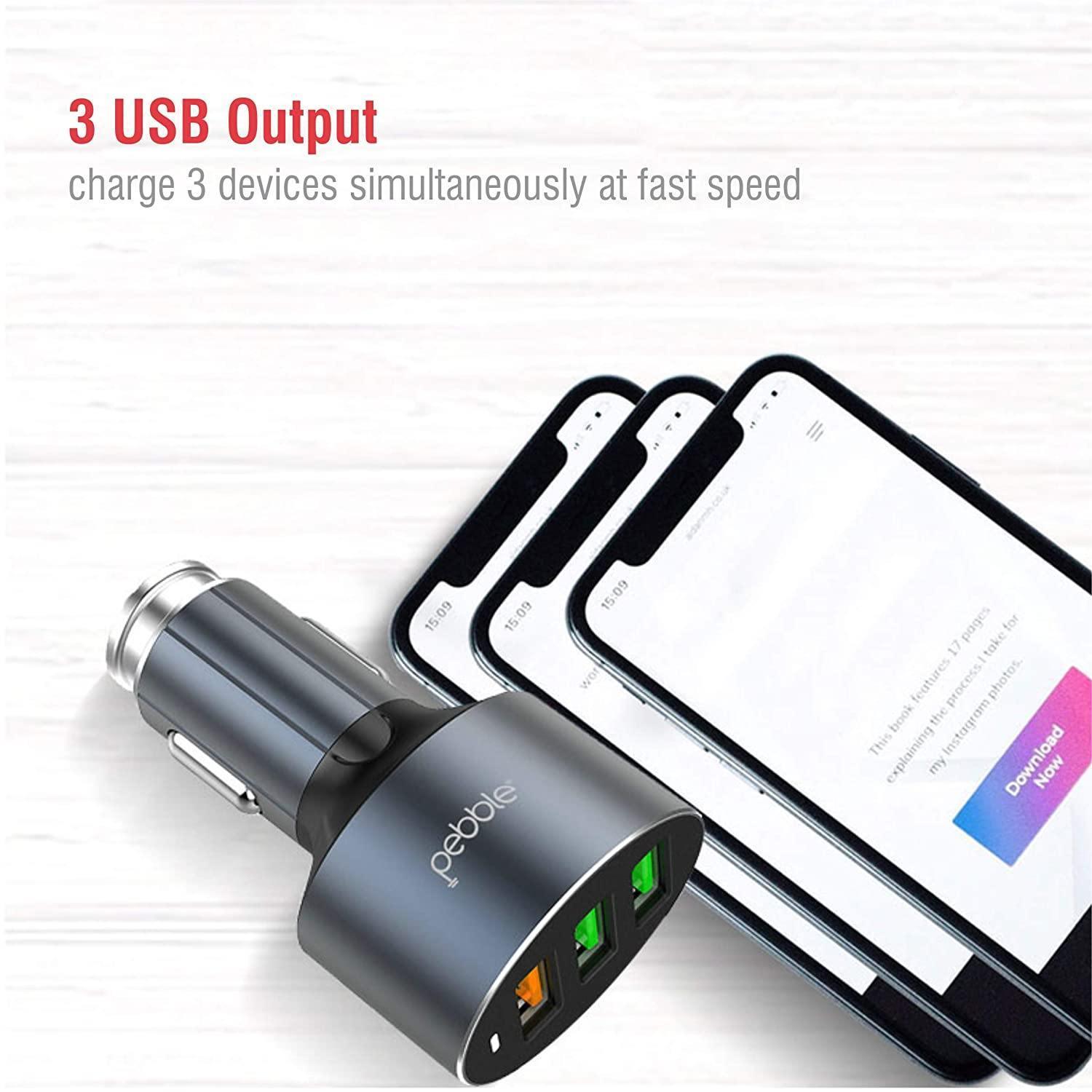Pebble Quick QC-3.0 Car Charger With 3 USB Output-Car charger-dealsplant
