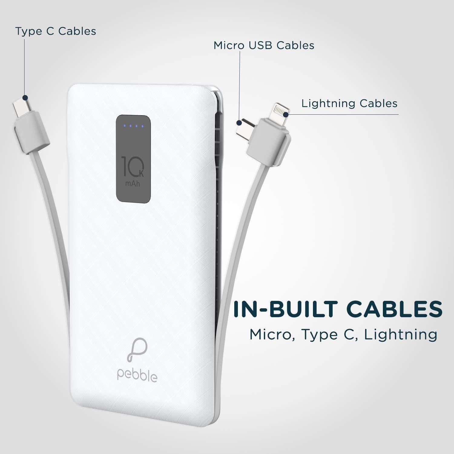 Pebble Ace+ 10000mAh Li-Polymer Power Bank with in-Built Micro, Type-C & Lightning Cables and 12W Fast Charging PB66(P)-Power Bank-dealsplant
