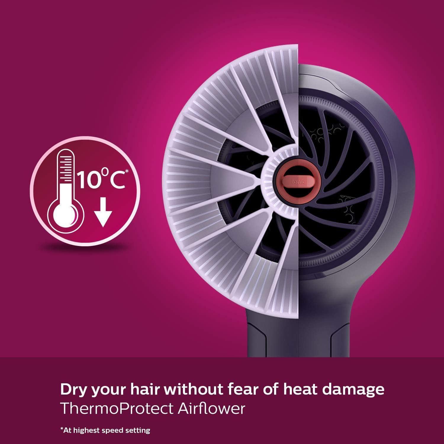 Philips Hair Dryer BHD318/00 1600W Thermoprotect AirFlower Advanced Ionic Care 3 Heat & Speed Settings to Give Frizz Free Shiny Hair-Hair Dryer-dealsplant