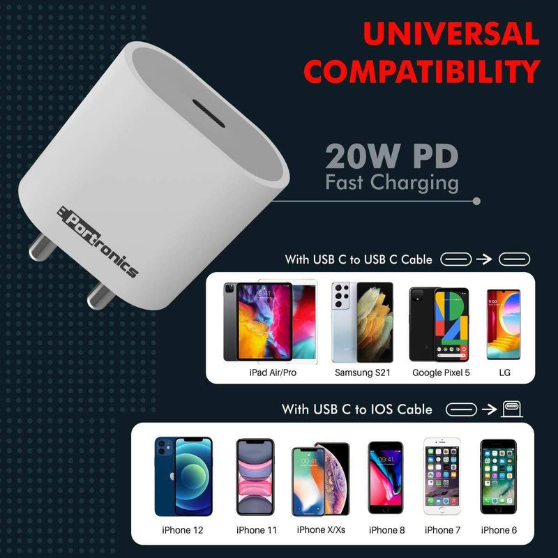Portronics Adapto 20 Type C 20W Fast PD/Type C Adapter Charger with Fast Charging for iPhone (Adapter only)-adapter-dealsplant