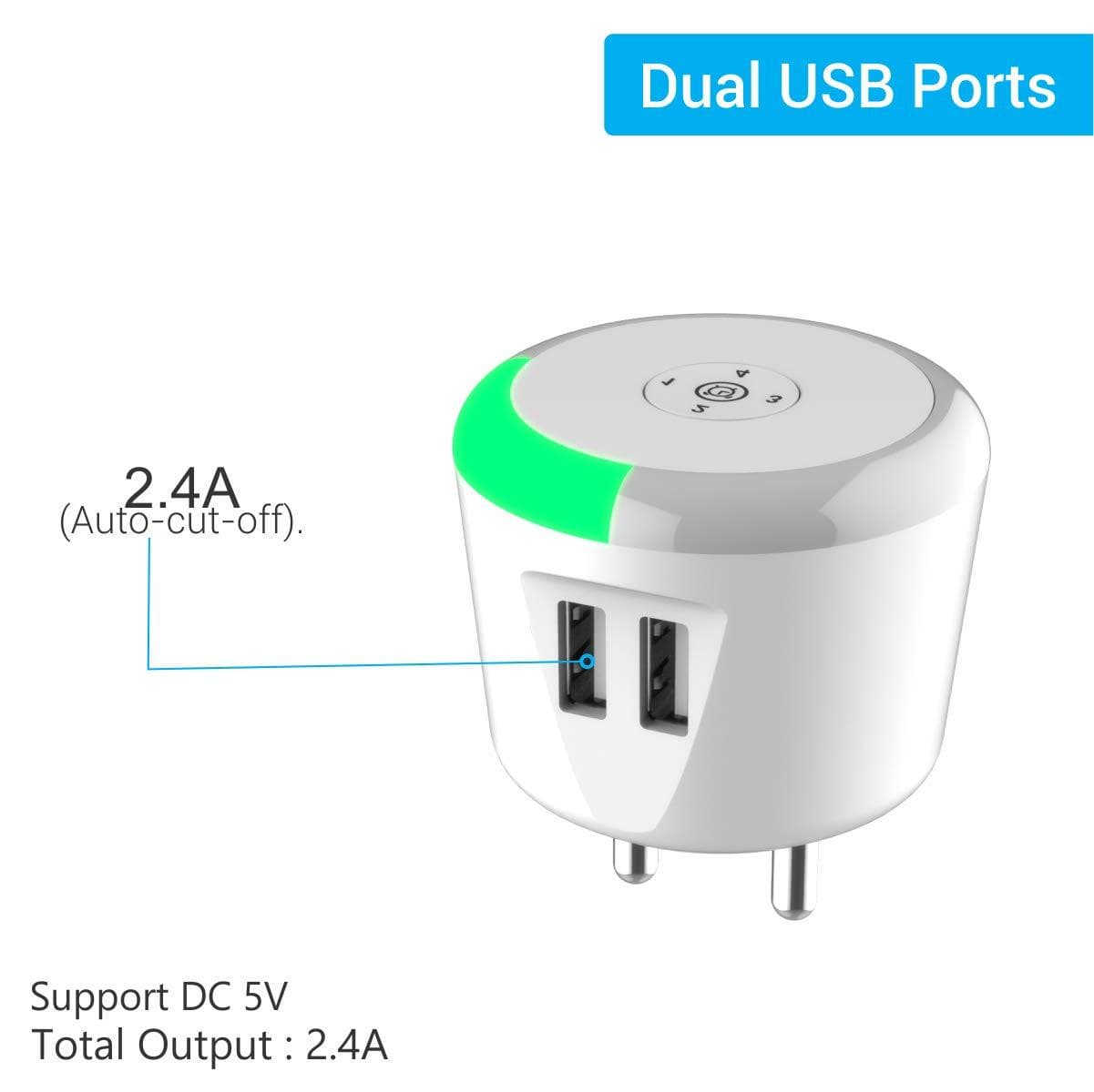 Portronics Adapto 464, a Wall Charger with Safe Time Control Auto Cut-Off, LED Indicator, Smart Plug, 2.4A Quick Charging Dual USB Port All iOS & Android Devices (White)-Chargers-dealsplant