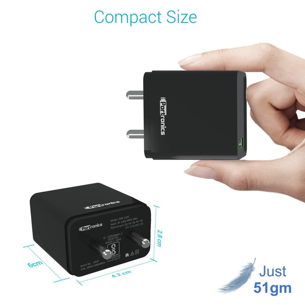 Portronics Adapto ONE 3A Fast Charging Adapter with 1M Type-C Cable-Chargers-dealsplant