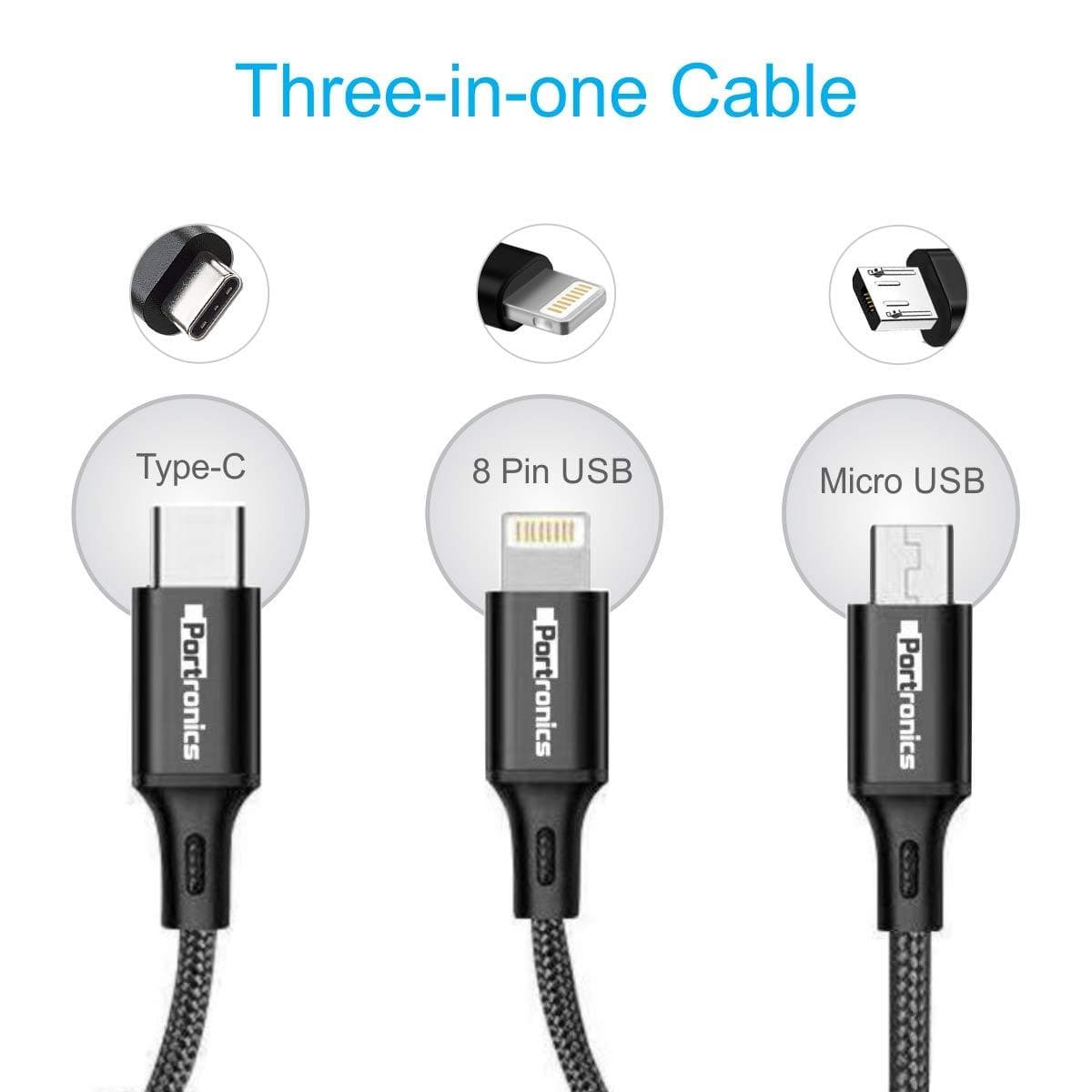Portronics Konnect-Trio Plus 3-in-1 Multi-Functional Charging Cable 1.2M-Multi-Functional Charging Cable-dealsplant