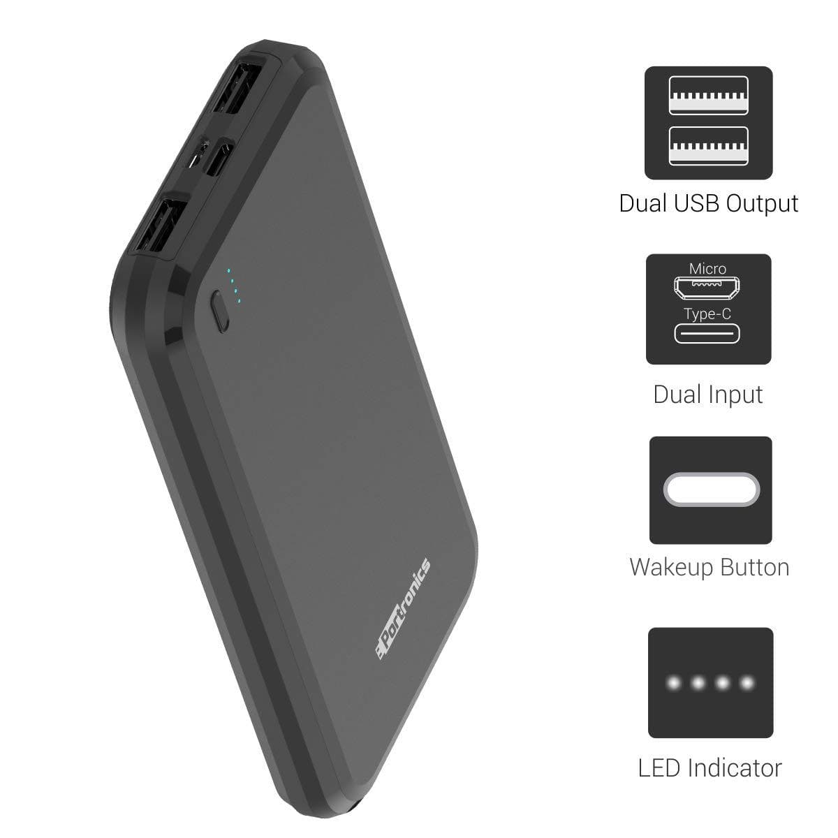 Portronics Power Brick 10 POR-1014, 10000mAh Power Bank with LED Indicator, 2.0A Dual Input (Type C + Micro USB) and Dual USB Output (2.1A + 1.0A) for All Android and iOS Devices (Black)-Power Bank-dealsplant
