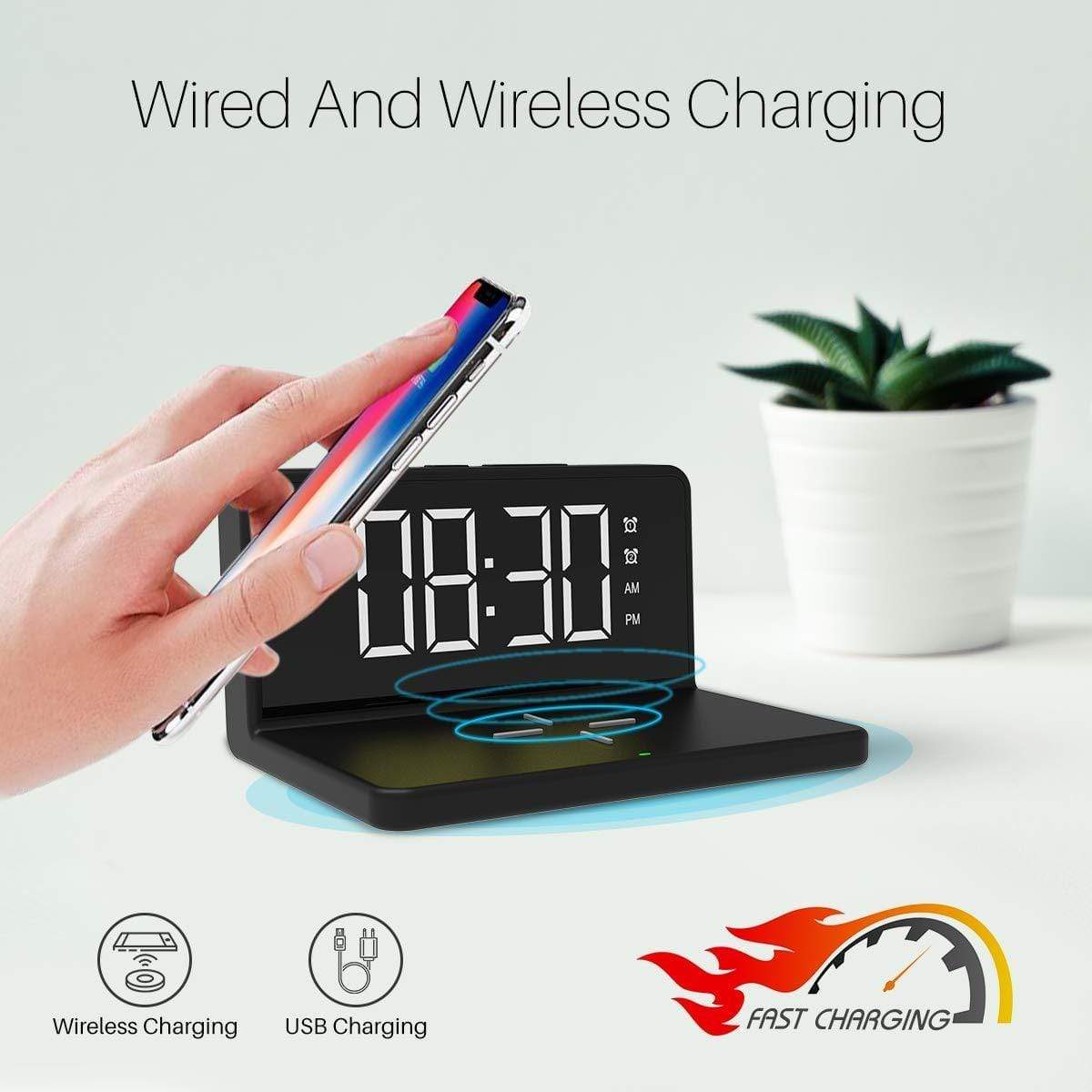 Portronics Freedom 4A a Desktop Wireless Mobile Charger with QC Adapter for Fast Charging and Alarm Clock (Black)-Wireless Charger-dealsplant