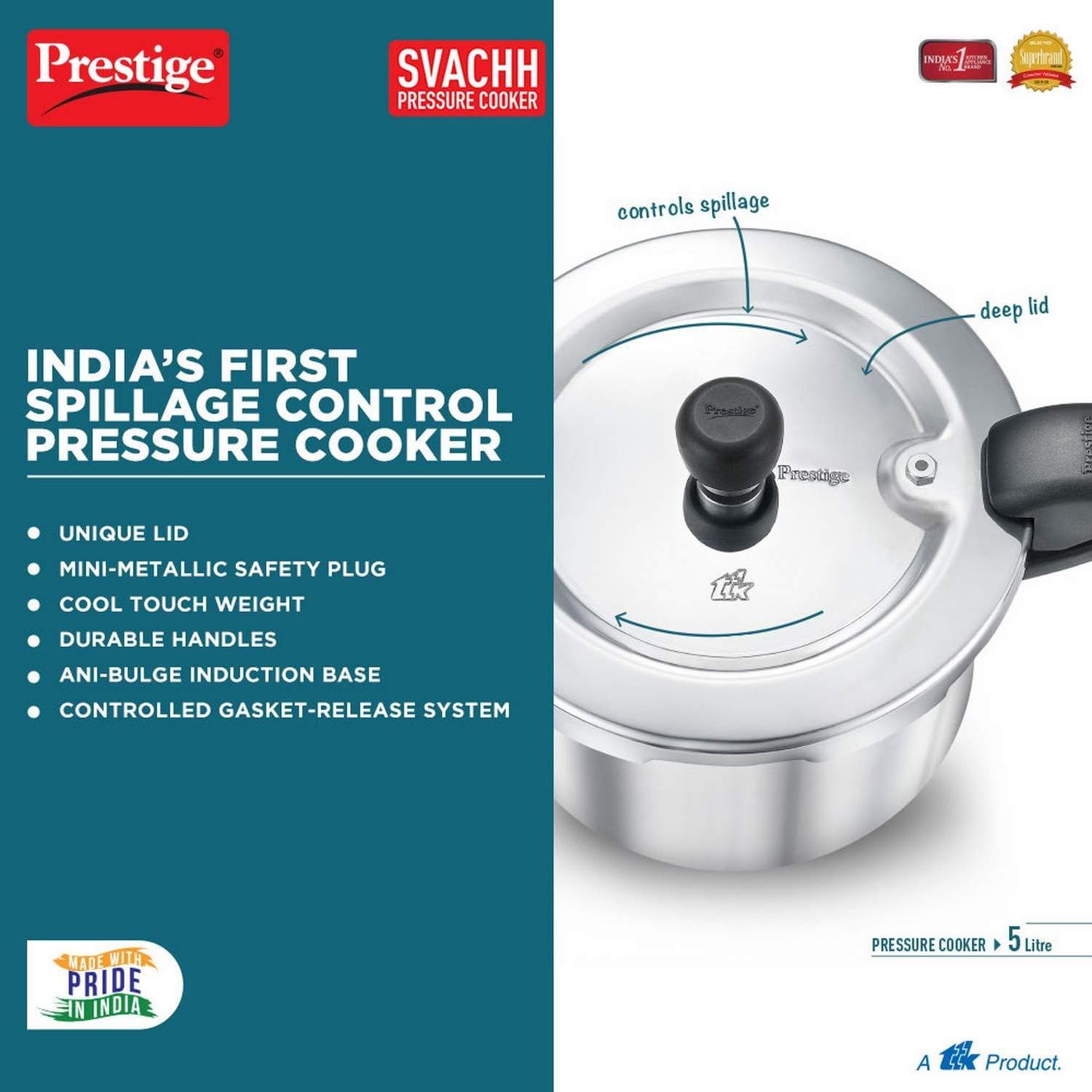 Prestige Svachh Aluminium Pressure Cooker, with Spillage Control, 5L-Home & Kitchen Accessories-dealsplant