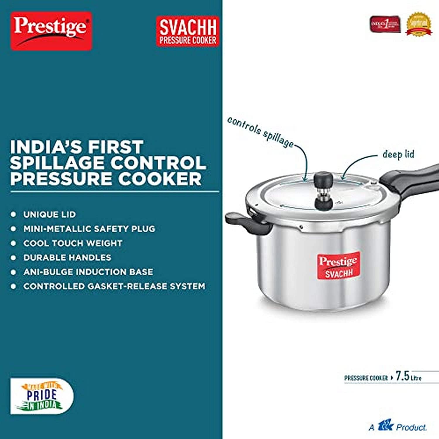 Prestige Svachh Aluminium Pressure Cooker, with Spillage Control, 5L-Home & Kitchen Accessories-dealsplant