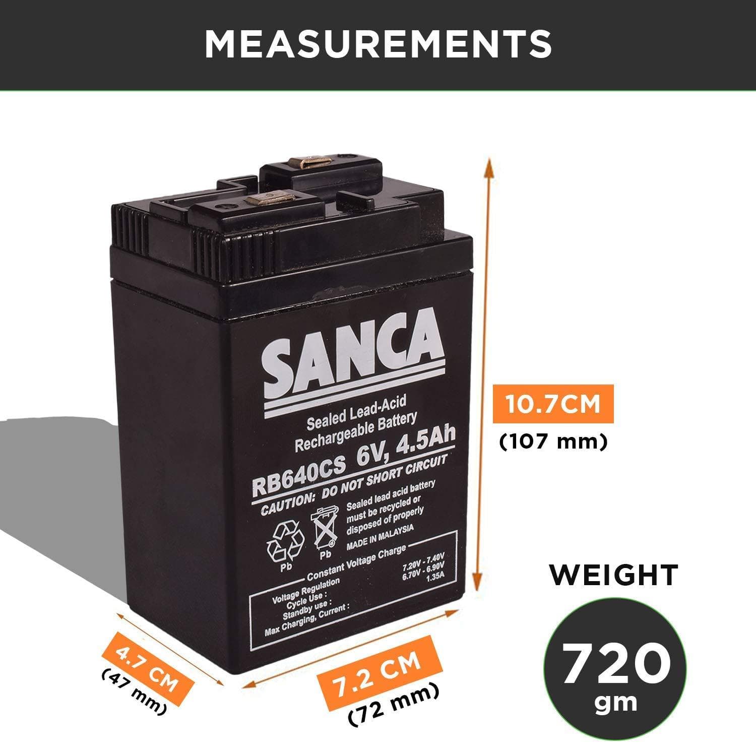 SANCA 6V 4.5Ah maintenance Free Rechargeable Battery (Push type terminals)-Rechargeable Batteries-dealsplant