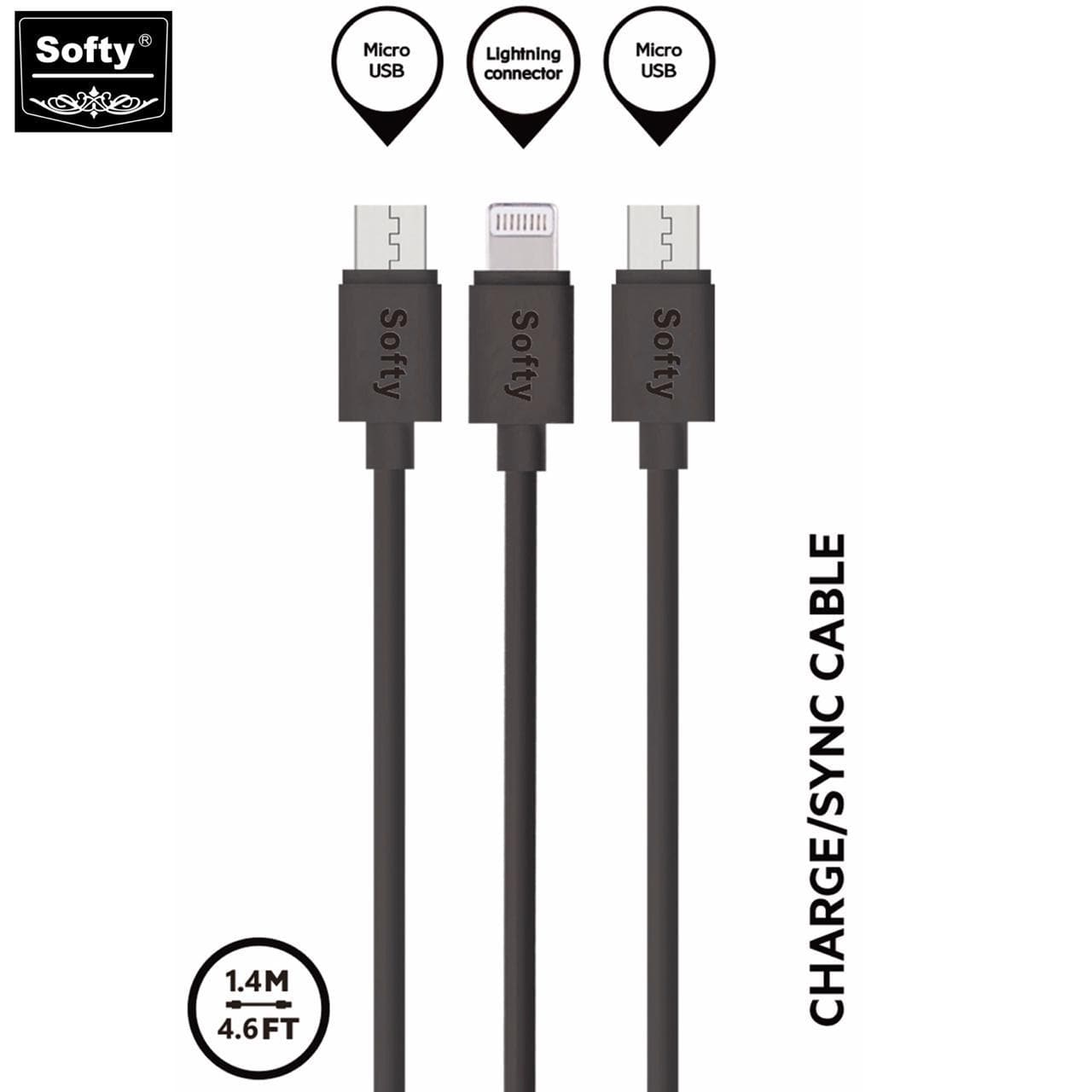 Softy premium quality 3 in 1 USB cable (2Micro,& 1 Lightening) 1.4 M-USB Cable-dealsplant
