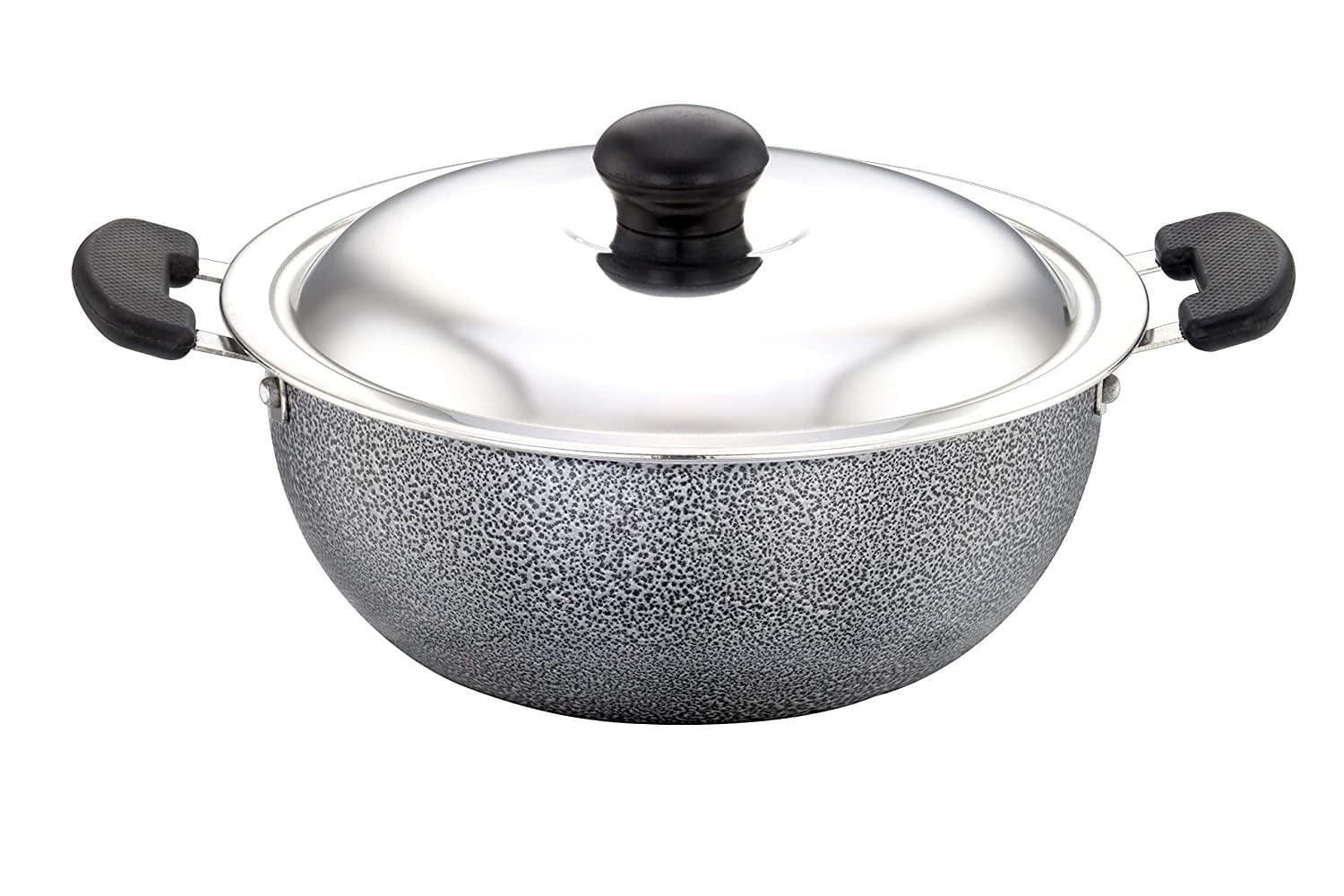 SOWBAGHYA Aluminium Non Stick Deep Kadai with Stainless Steel Lid (2 L, Grey and Black)-Home & Kitchen Appliances-dealsplant