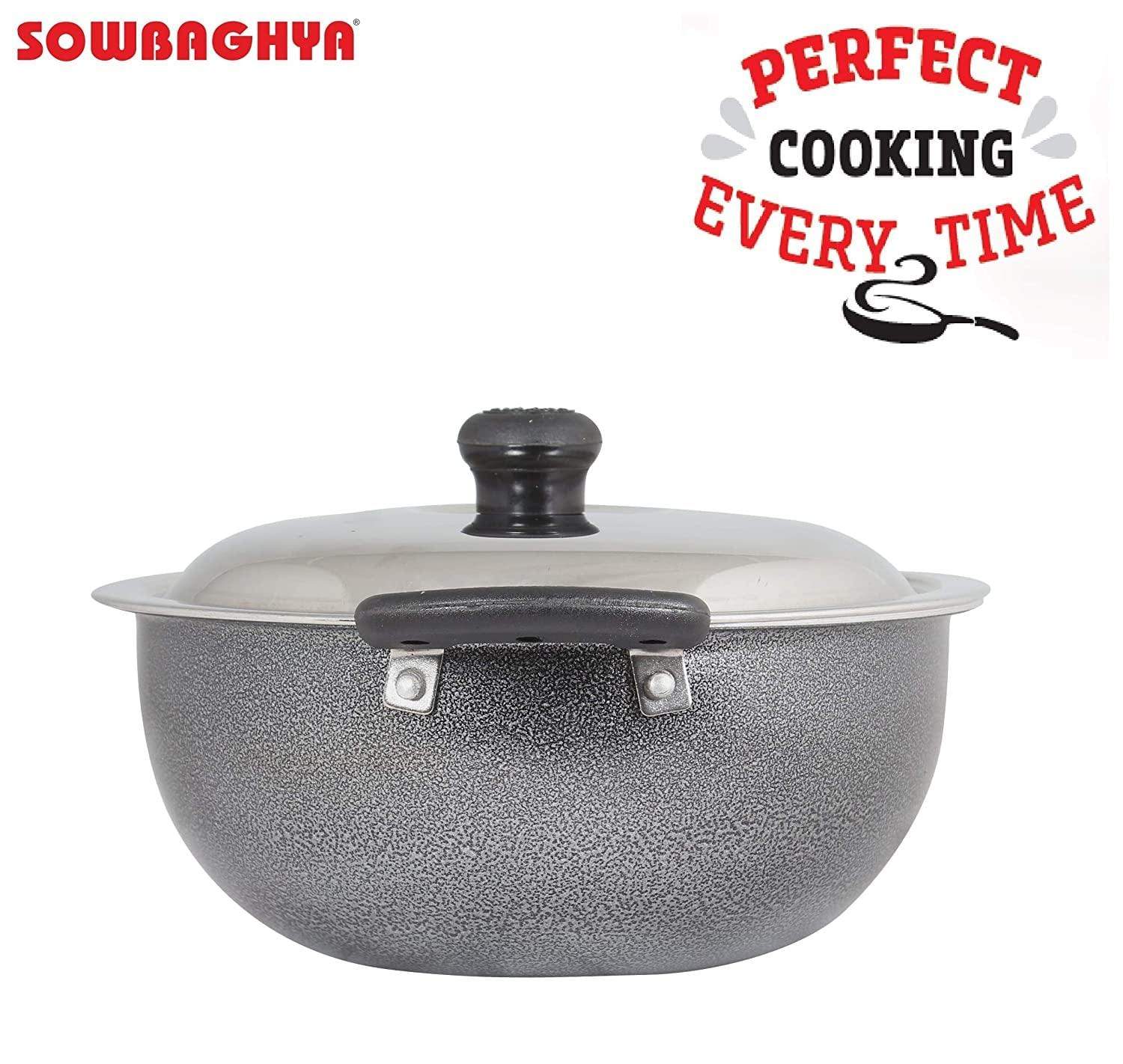 SOWBAGHYA Aluminium Non Stick Deep Kadai with Stainless Steel Lid (2 L, Grey and Black)-Home & Kitchen Appliances-dealsplant