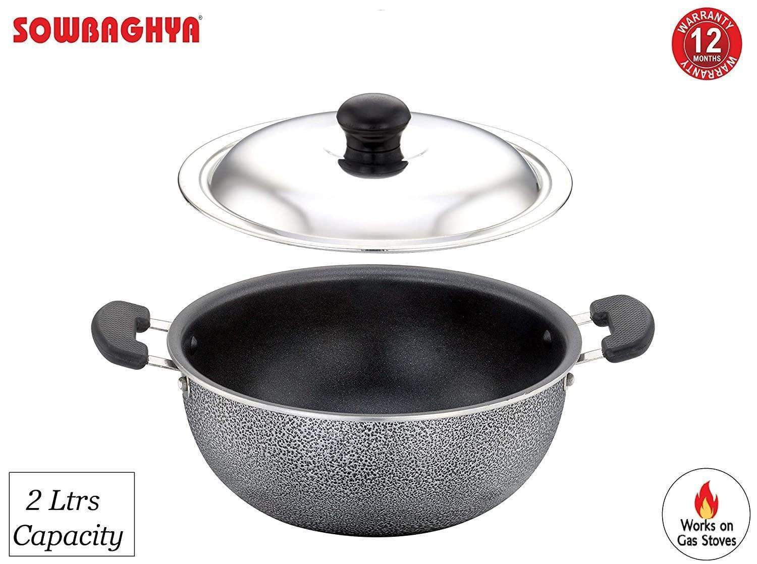 SOWBAGHYA Aluminium Non Stick Deep Kadai with Stainless Steel Lid (2 L, Grey and Black)-Home & Kitchen Appliances-dealsplant