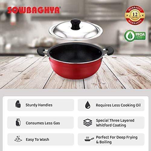 SOWBAGHYA Aluminium Non Stick Deep Kadai with Stainless Steel Lid (2 L, Grey and Black)-Home & Kitchen Appliances-dealsplant